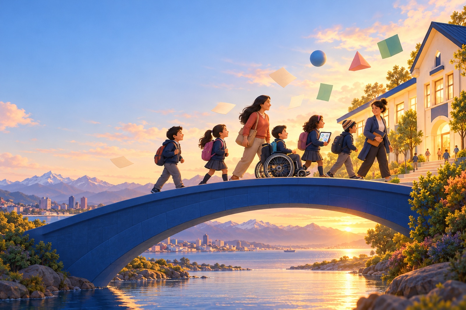Ilustración de un puente azul que une a una profesora, una familia y niños con su escuela
